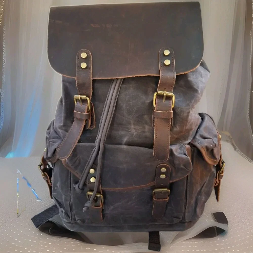 Waterproof waxed canvas back pack, Leather Trim,  rugged, strong, 13 x 6.3 x 17,